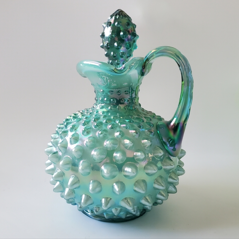 🥰 Fenton 6" Irredescent Hobnail Green Glass Overlay Cruet & Stopper 😍